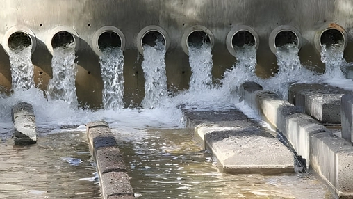 Row of circular pipe outlets releasing fast-flowing water into a concrete-lined drainage channel below