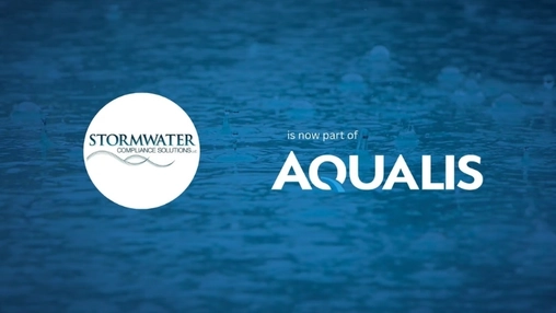 Stormwater Compliance Solutions logo displayed beside the Aqualis logo over a blue rippling water background